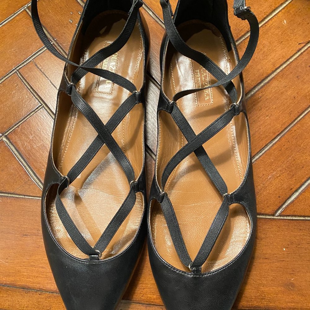 Aquazzura Black  Ballet Leather Strappy Wrap Around Flats